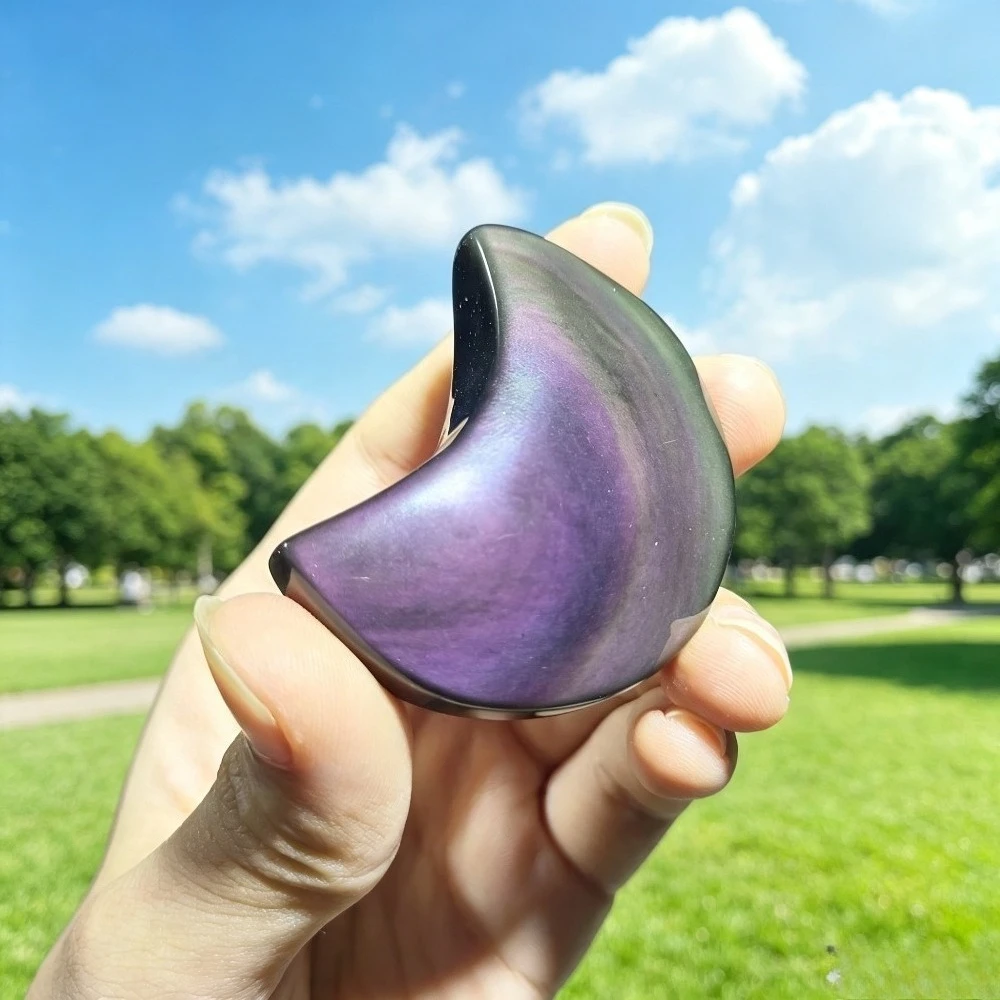Natural Rainbow Black Obsidian Moon with Double-Sided Flash Polished for Her Crystal Healing Meditation Stone Crystal Gift