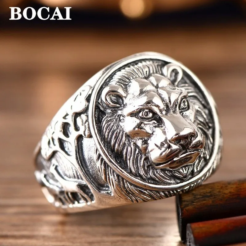 BOCAI Wholesale 100% S925 Silver Jewelry Domineering Lion Head Beast Men's Rrings  Fashionable Gifts