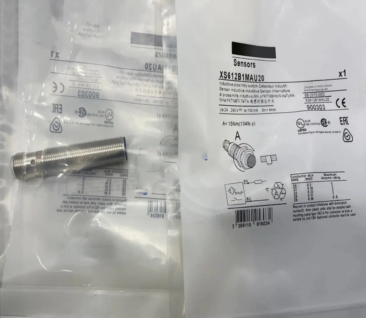 

XS612B1MAU20 inductive sensor XS6 M12, L61mm, brass, Sn4mm, 24...240VAC/DC, 1/2"