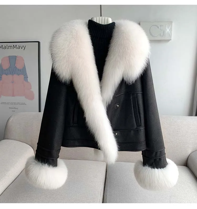 Large Luxury Natural Real Fox Fur Women Vintage Thick Short Faux Lamb Fur Jacket Autumn Winter Female Zipper Belt Coat