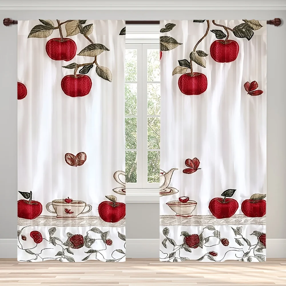 2PCS Digital Print Curtain, Apple Tea Cup Autumn Cozy, Fall Harvest Warm for Living Room Bedroom Kitchen Window Home Decor