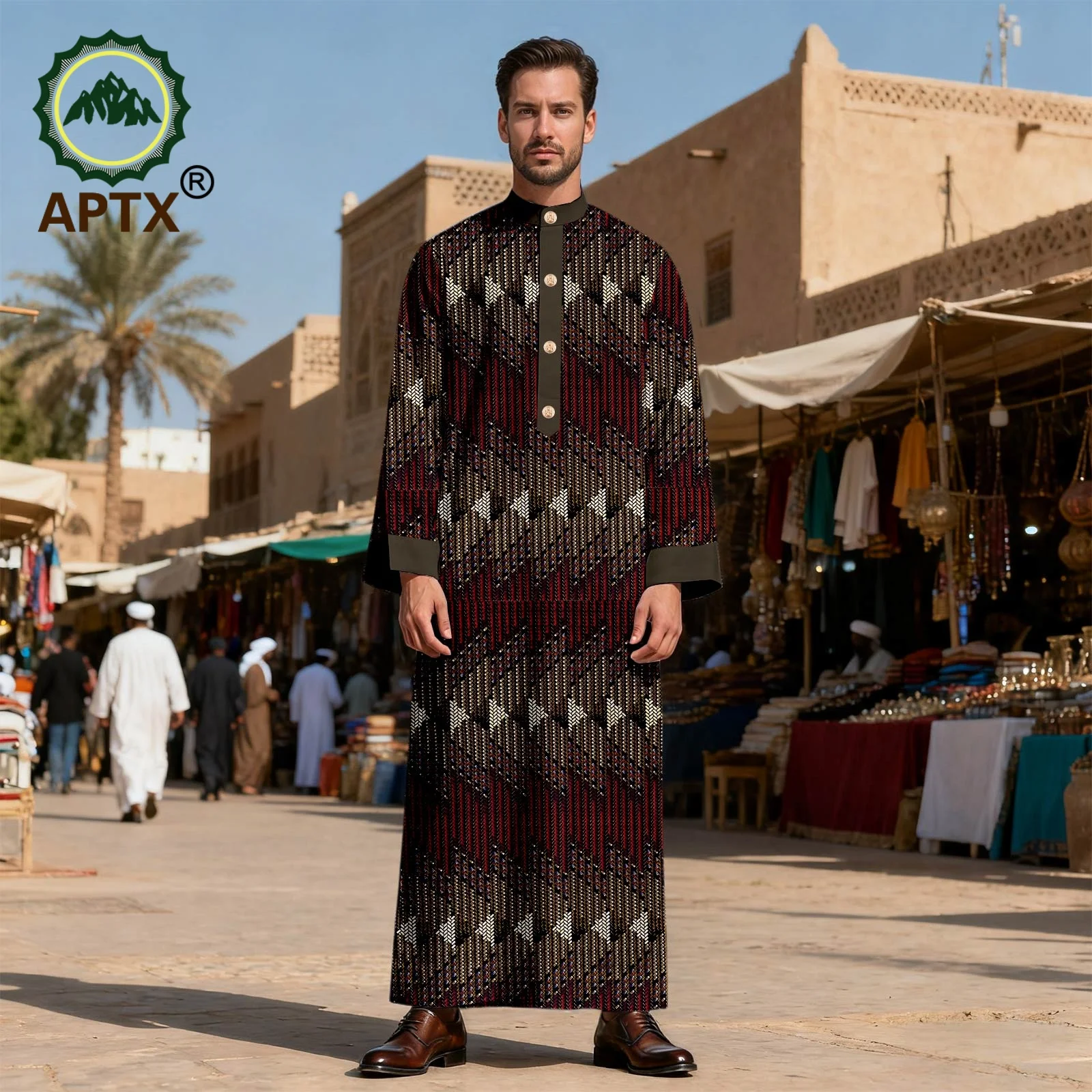 APTX Men's Jubba Thobe Embroidered Robe Single-Breasted Loose Fit Casual Wedding Church Outfit Muslim Fashion 2514020