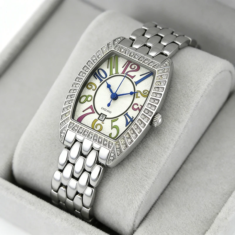 Tonneau Wine Barrel Fashion Waterproof Watch for Women with Diamonds Steel Chain Exquisite Original Luxury Timepiece