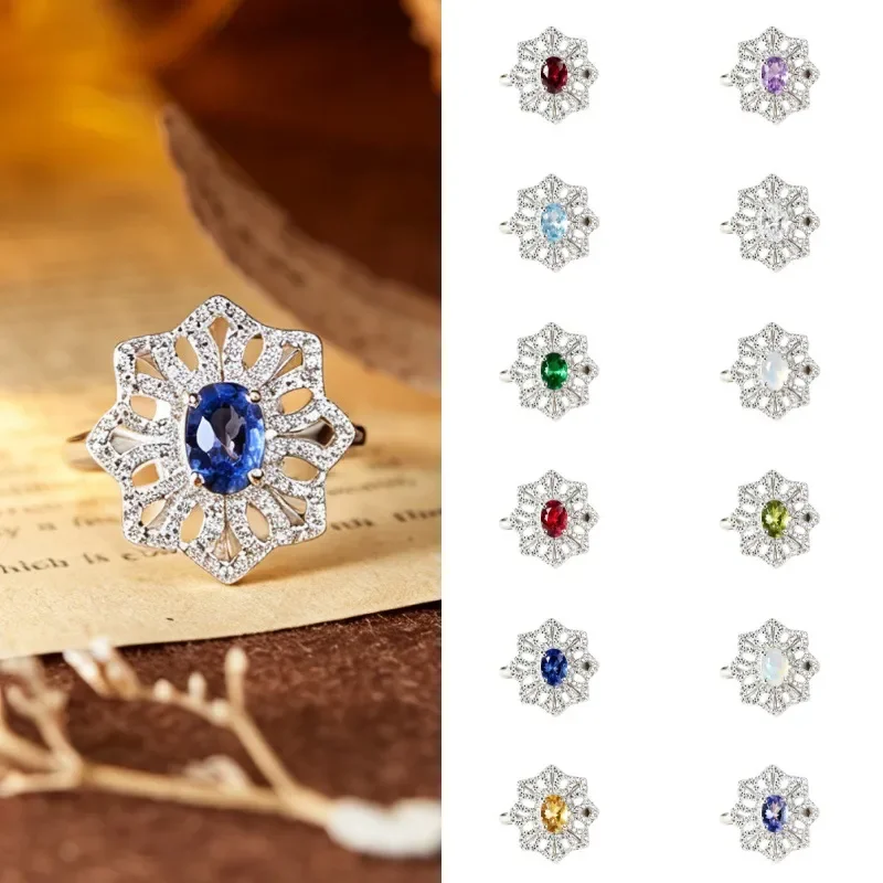 S925 sterling silver natural colored treasure gemstone ring women's December birthstone hollow model European and American