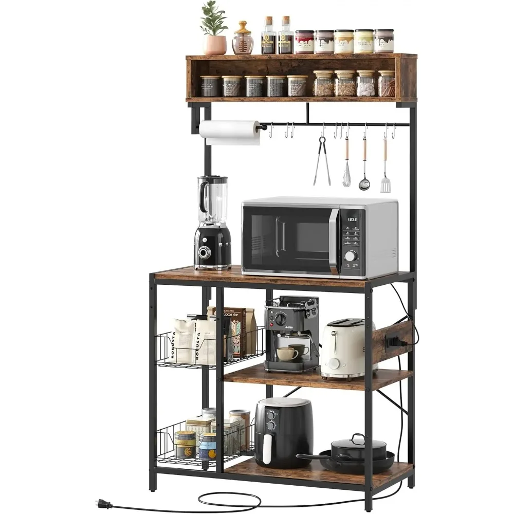 Rack with Power Outlet, 5-Tiers Microwave Stand with Storage, Coffee Bar with Paper Holder & Wire Basket