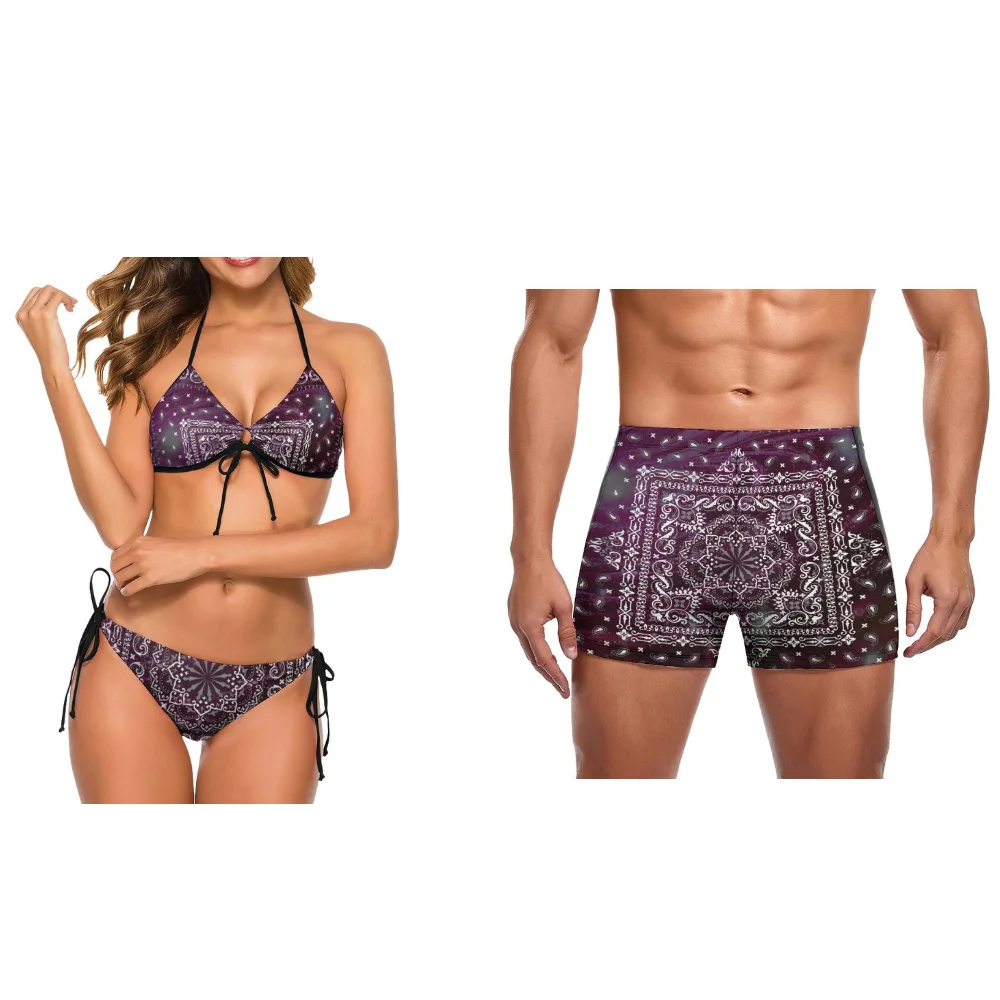 

2023 New Design Customized Strap Low Waist Bikini Pool Couple Set Men's Beach Shorts Hawaii Vacation Bikini Polynesian