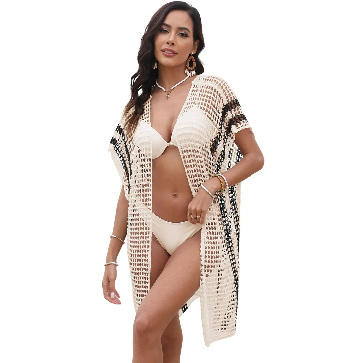

Black White Patchwork Hollow Out Women Beach Knitted Dress Sexy Cardigan Bikini Cover Up Beachwear Swimsuit Coat