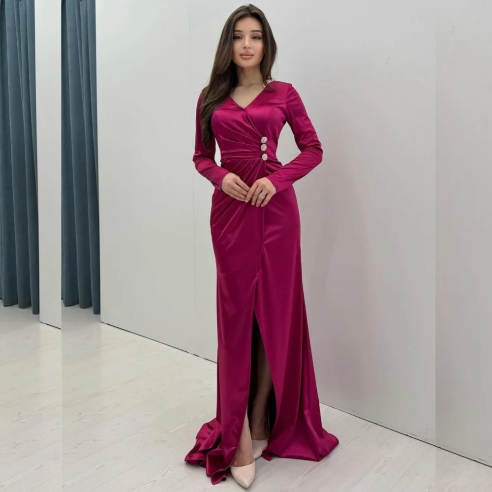 

Customized High Quality Charmeuse Button Pleat A-line V-neck Long Dresses Bespoke Occasion Fashion Sexy