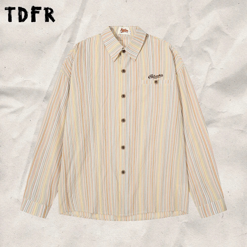 Vertical Stripes Long Sleeve Shirts Mens Autumn Pocket Embroidery Single Breasted Loose Lapel Shirts Man
