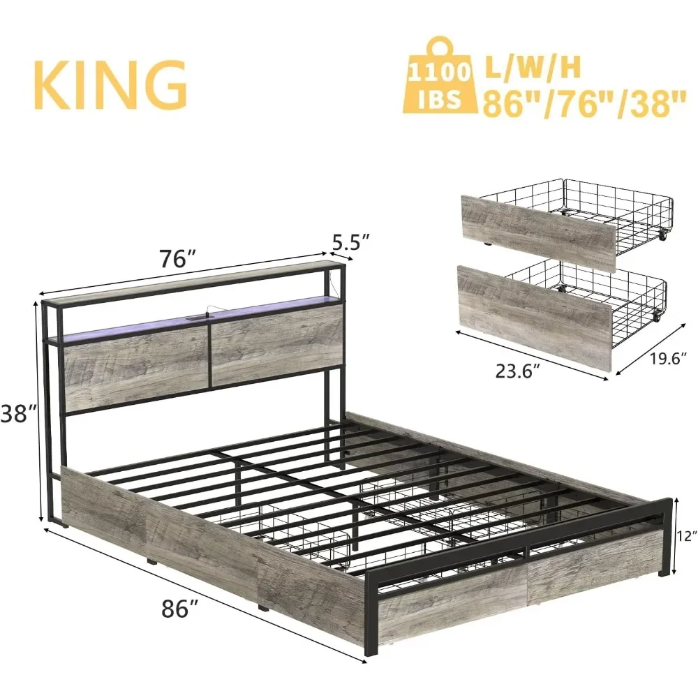 Storage headboard, 4 drawers king size bed frame, LED light metal platform mattress base metal slats support no box springs