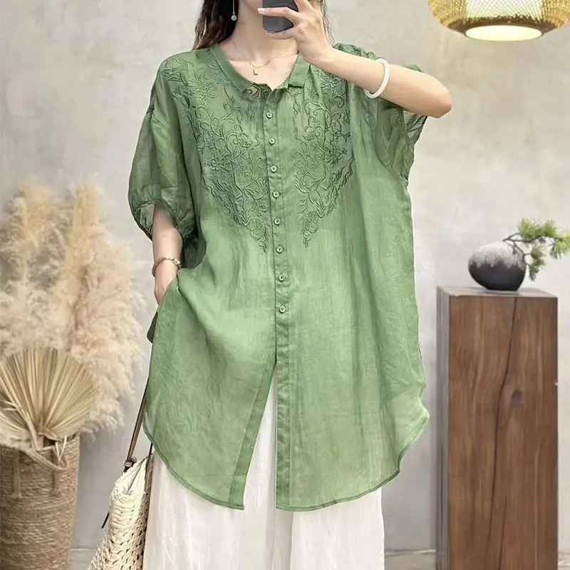 Plus Size Women's Summer Solid Color Retro Blouse Loose Thin Office Lady Fashion New Arrival Trendy Comfortable
