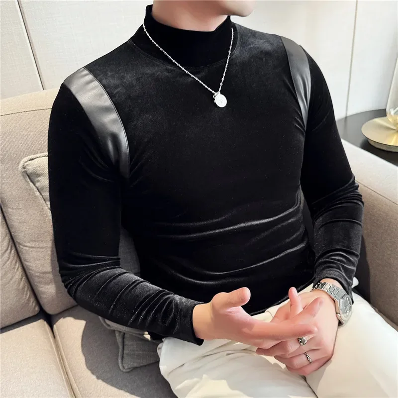 Fashion Leather Spliced Design Long Sleeve T Shirt Korean Luxury Men Velvet Thickened Turtleneck Slim Fit Elastic Tee Shirt 4XL