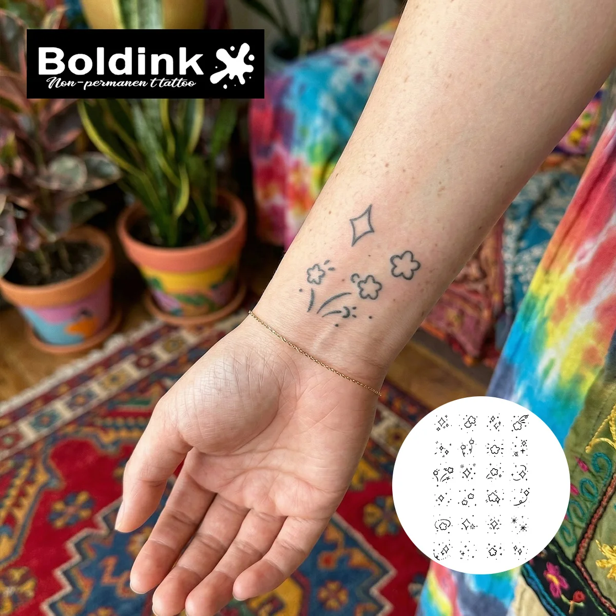 BOLDINK Minimalist Line Flower & Star Moisturizing Tattoo Sticker Unisex Fashion Design Easy Apply Waterproof Lasts 1-2 Week