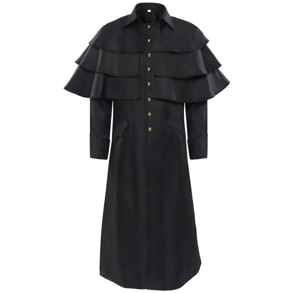 Men Medieval Church Priest Robe Layer Cape Trench Jacket Cassock Clergy Preacher Stand Collar Minister Choir Roman Pastor