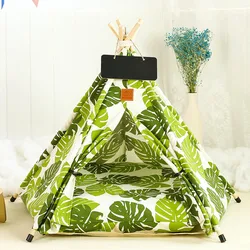 Dog Teepee, Cat Tent Teepee with Thick Cushion Blackboard, Washable Pet Tipi with Green Leaves Pattern Dog Bed Cat Tent House