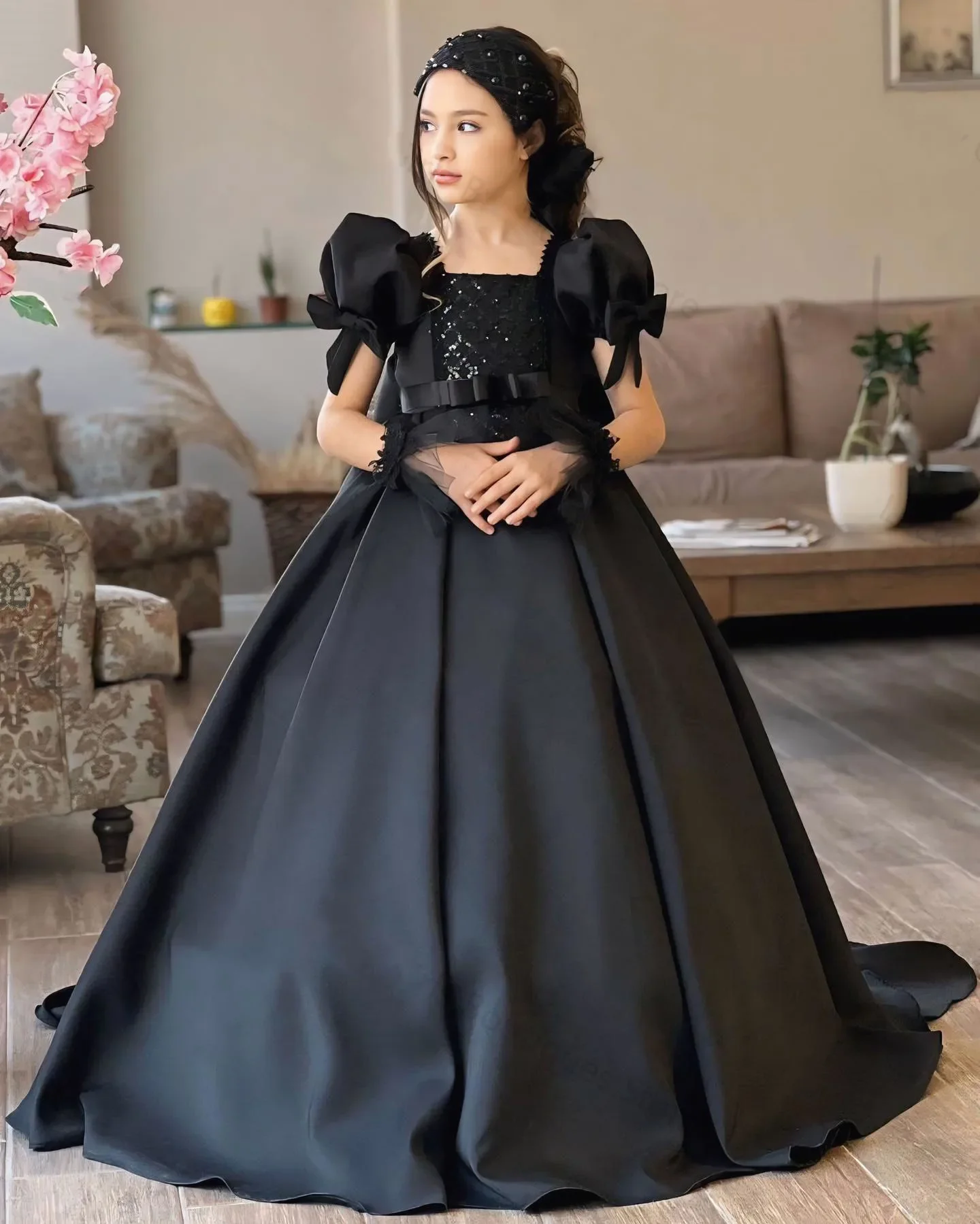 Robe de demoiselle d'honneur sur mesure pour mariage, longueur au sol bouffante avec nœud, manches courtes, robe de bal de fête d'anniversaire pour enfant de première Communion