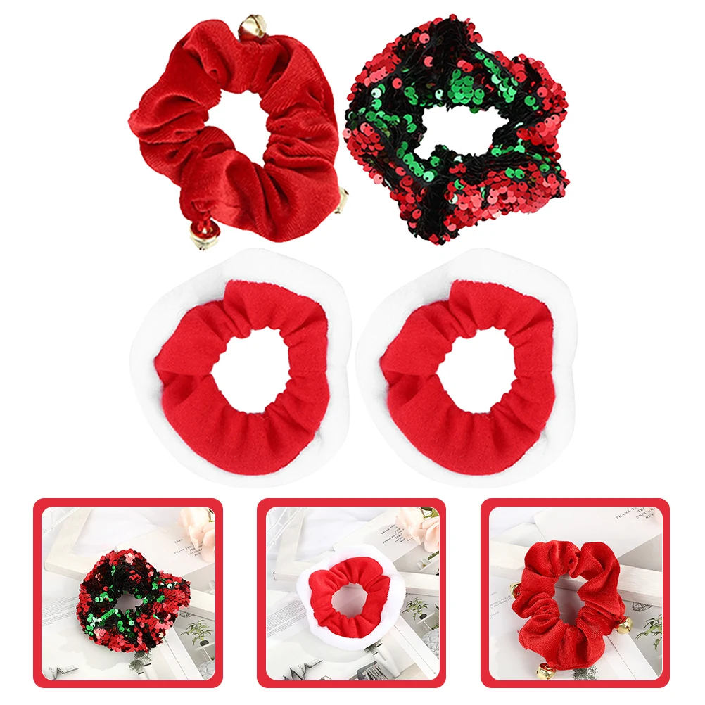 

4 Pcs Christmas Scrunchies Elastic Hair Rings Holiday Fabric Ties Durable Hair Ropes Women Girls Photo Shoot School Uniform