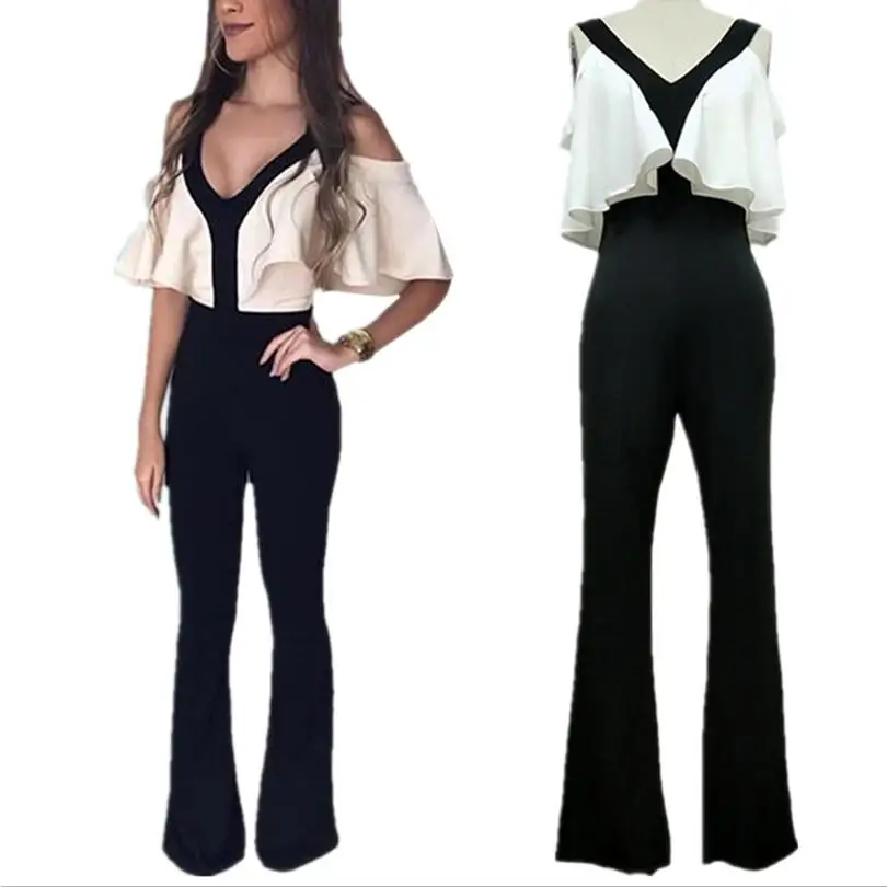 

V-ne Waist-cinching Jumpsuit Flared Leggings Strap Bell- Casual Street Sle Long Pants Polyester Fabric