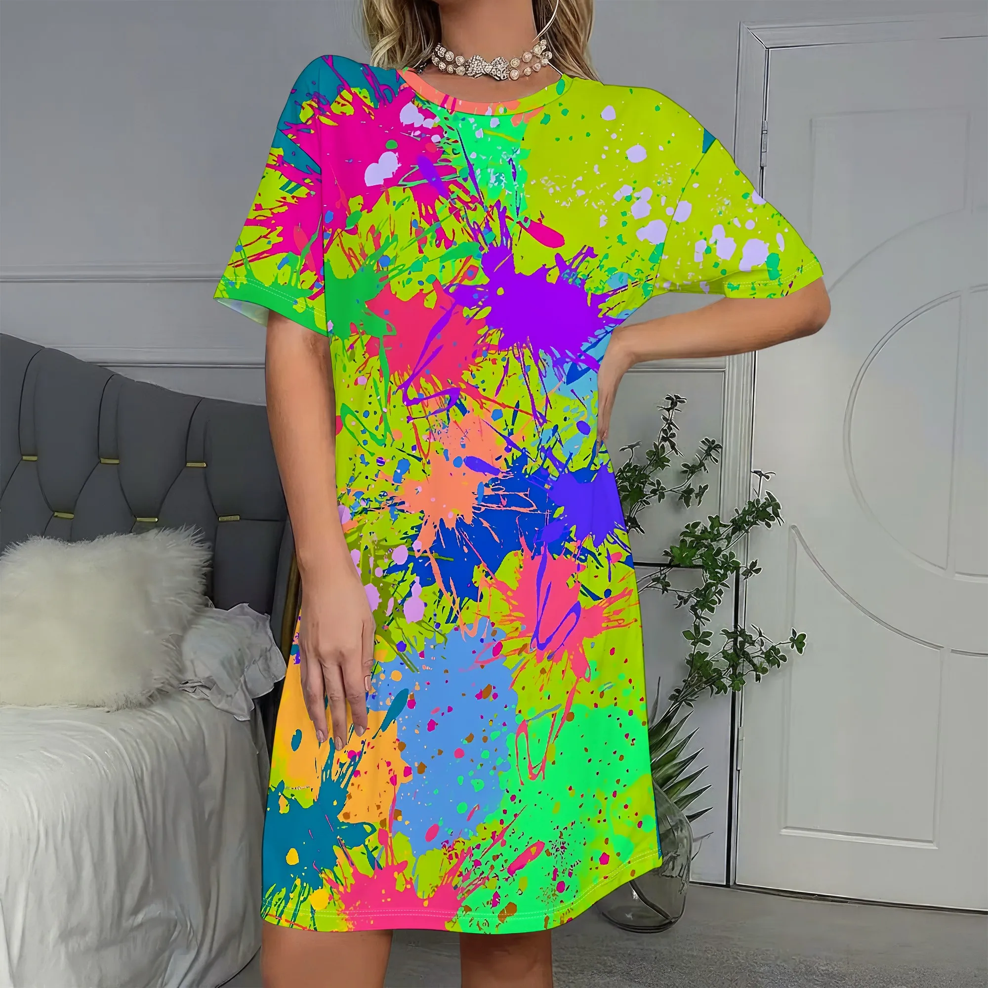Neon Splatter Paint Dress, Abstract Art T-Shirt Dress, Colorful Print Mini Dress for Women, Casual Summer Wear, S-2XL