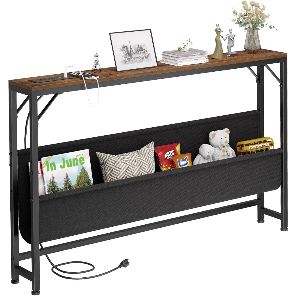 47.2'' Skinny Console Table with Charging Station and Storage, Narrow Sofa Table with Power Outlets and USB Ports, Behind Couch