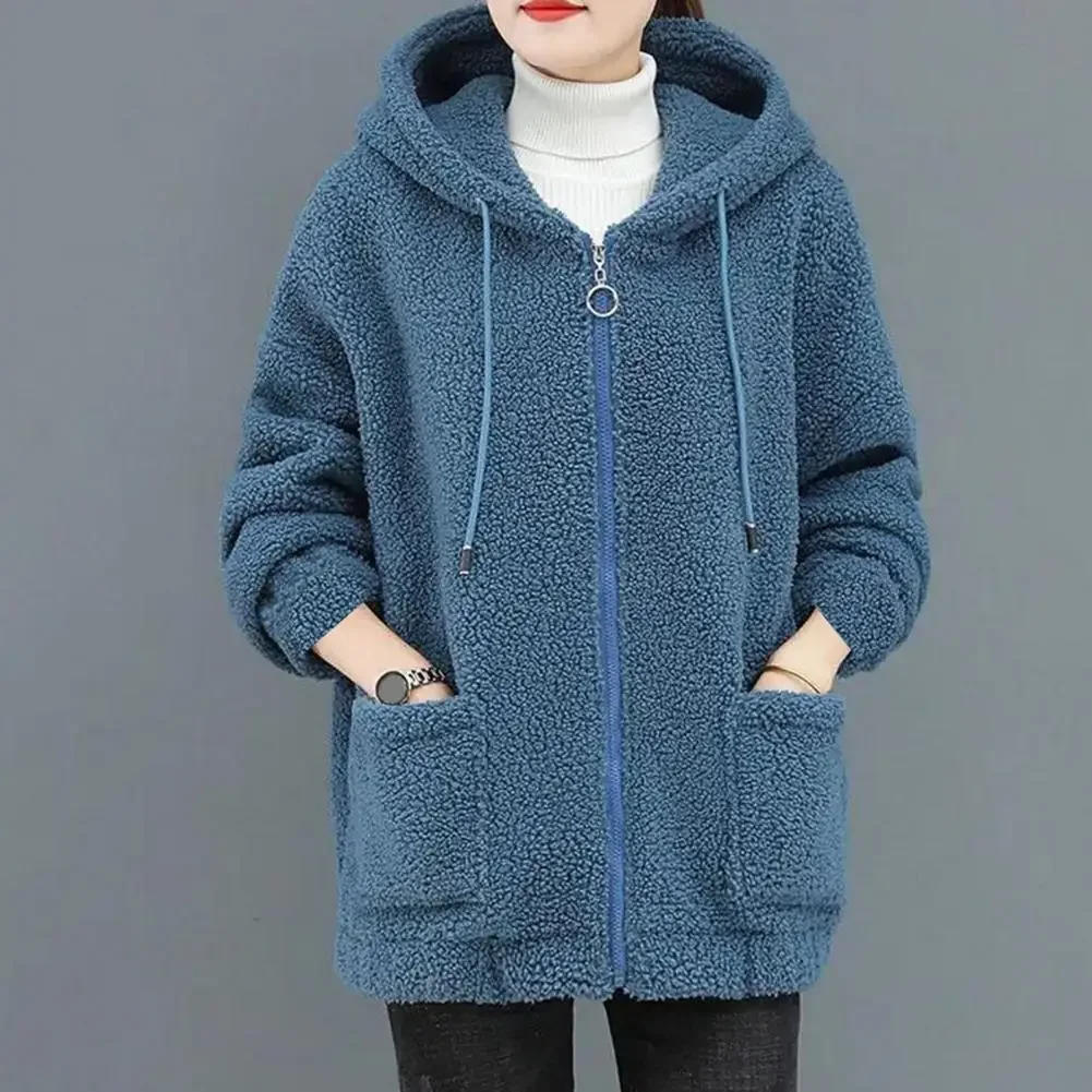 Women Hooded Coat Chic Fleece Thick Solid Color Pockets Long Sleeves Loose Warm Plush Zipper Cardigan Outdoor Winter Jacket