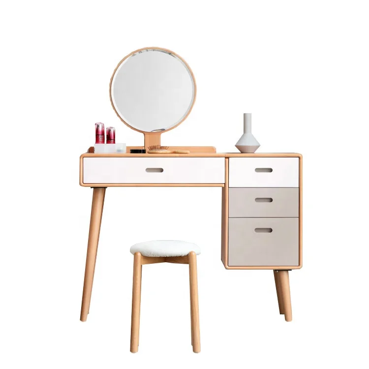 Multifunctional Makeup Dressing Table Wood Vanity Set with Flip Top Mirror