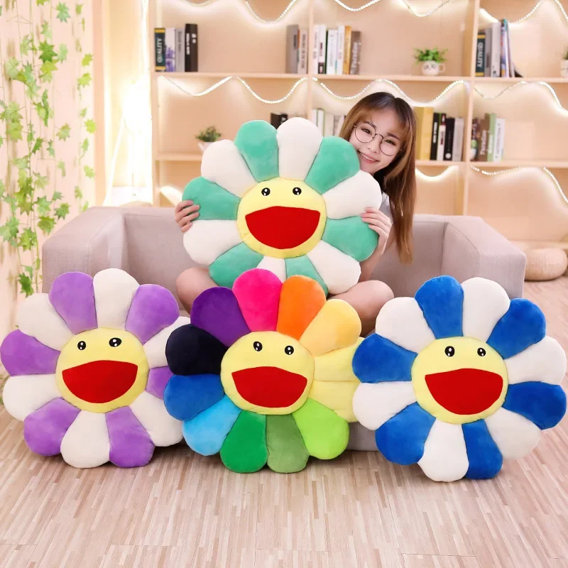 Plush Toy Colorful Smiling Face Sunflower Seat Cushion Round Cartoon Pillow for Office and Home Use