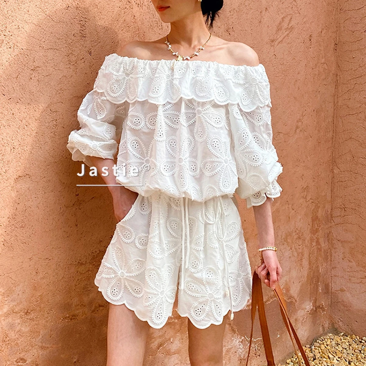 

Sexy Off Shoulder Eyelet Lace Top Shorts Set Women Summer Floral Embroidery Hollow Out Cotton Two Piece Set Boho Beach Outfit