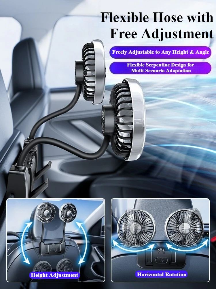 Hipacool Car Dual-Head Fan for Tesla Rear Seat Back Cooling Fan w/ Hook 360°Rotatable 3 Speeds Wind Adjustable USB Type-C Charge