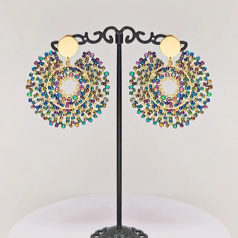 Beaded earrings Crystal Dazzling Roundness Hollow out Originality Hand knitting Bohemia Alloy Tide Simple Rice bead earrings