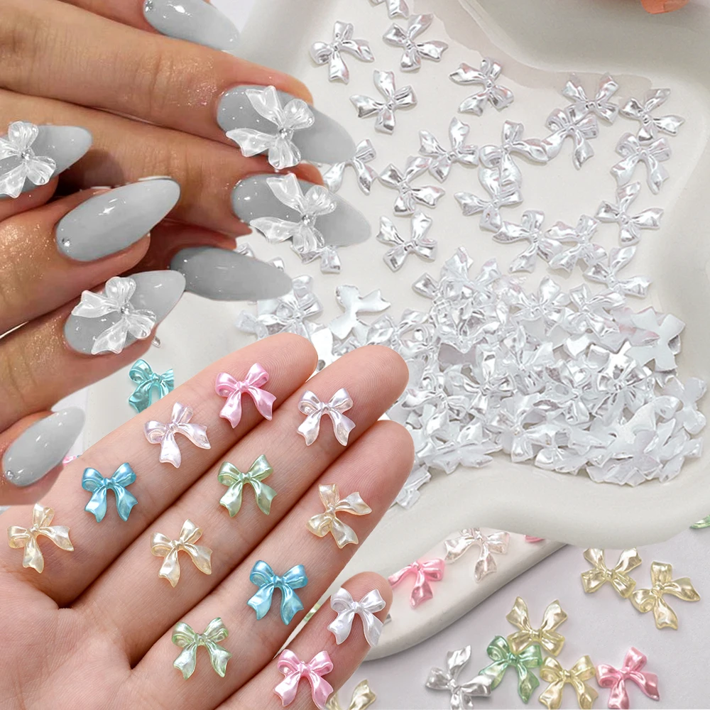 100Pcs 3D Pearl Color Bow-Knot Nail Art Charms Cute Resin Pearl White Ribbon Bow Nail Rhinestones Bow Designs Nail Art Supplies