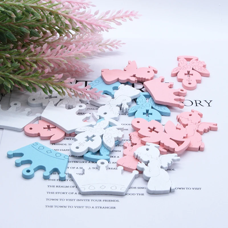 Coroa de madeira para Decoração Do Chuveiro Do Bebê, Anjo Cruz, Azul e Rosa, Favor Do Batismo, Festa Do Batismo, DIY Anúncio Do Nascimento, Caixa De Presente, 50 PCs, 100PCs