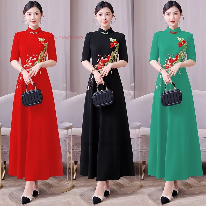 

2025 vietnamese aodai improved cheongsam dress national flower embroidery qipao dress oriental banquet evening dress vestido