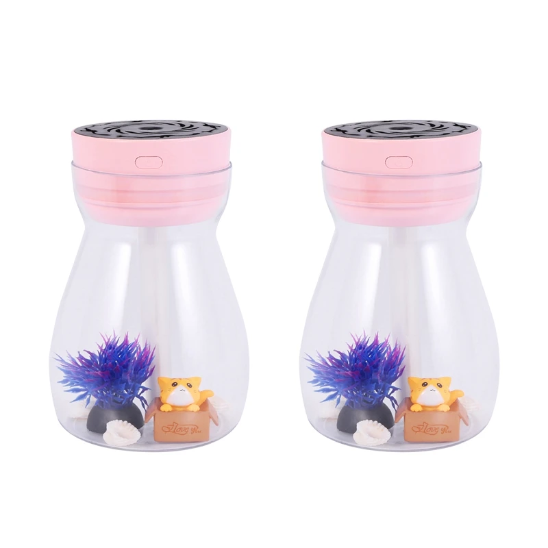 2X Cute Cool Mist Humidifier Office Bedroom Air Purifier USB Charging Kawaii Air Humidifier With Led Light Bottle(Pink)