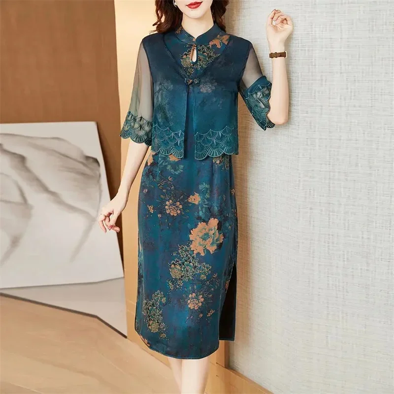 

High-Quality Dresses Women Print shawl mulberry silk Jacket And Dress Mother Half Sleeves Two Piece Suit Summer Dress JJ72