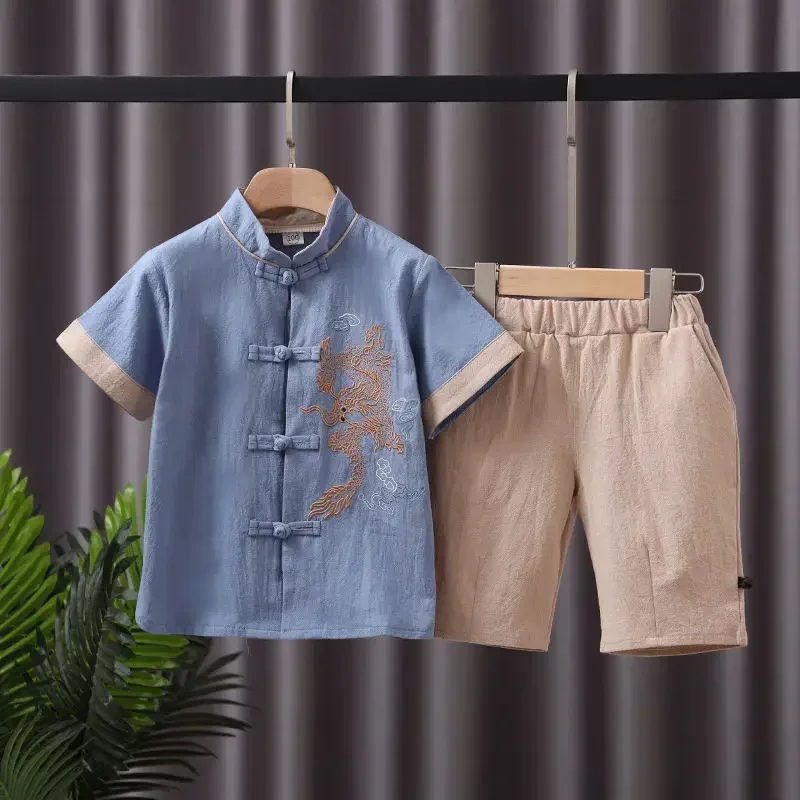 Verano estilo chino algodón Stand Collar grúa bordado manga corta Tang traje Top pantalón niños Tai Chi Kleding ropa