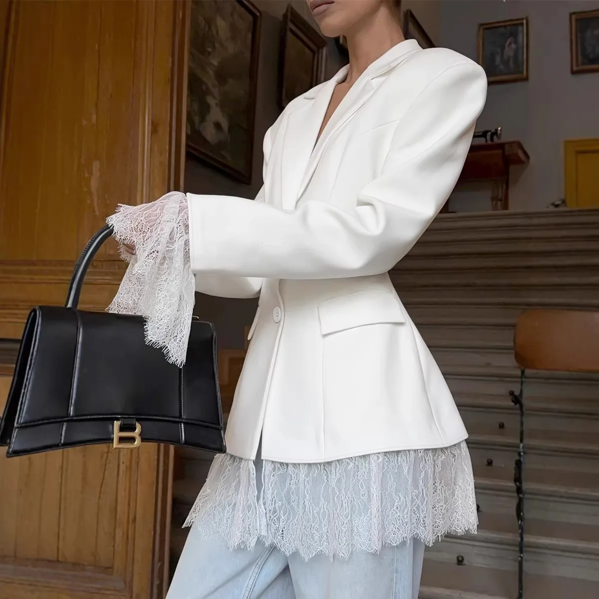 

Блейзеры для повседневного офиса, банкета и поездок на работу, весенне-осенние женские элегантные однотонные облегающие пиджаки с клапаном и карманами, кружевная лоскутная повседневная куртка