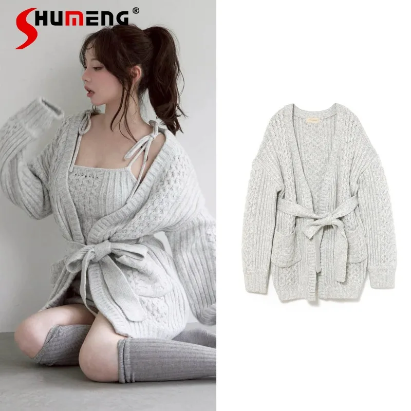 

Japanese Rojita Style Sweet Twist Loose Lace-Up Knitted Cardigan Coat Mid-Length Lace-Up Long Sleeves Sweater Jacket Outerwear