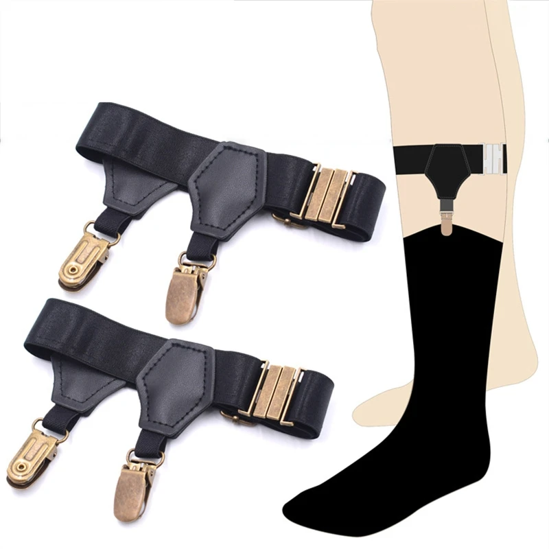 Men Women 1 Pair Black Socks Suspenders Holder with Double Hard Metal Non-Slip Clips Elastic Adjustable Stockings Garters Belt