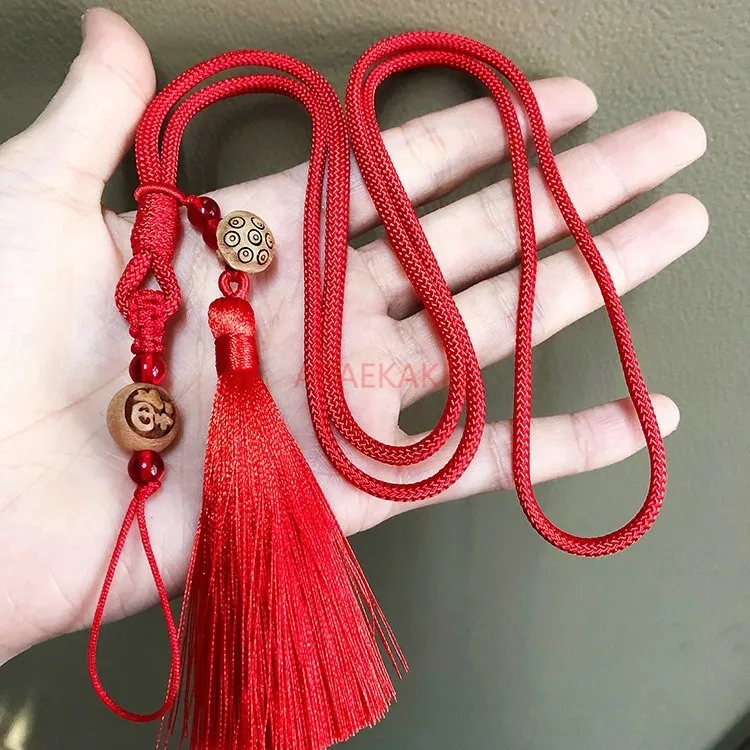 Retro tassels, wooden beads, handmade long phone lanyard, sturdy rope art, Chinese style hanging neck sweater chain