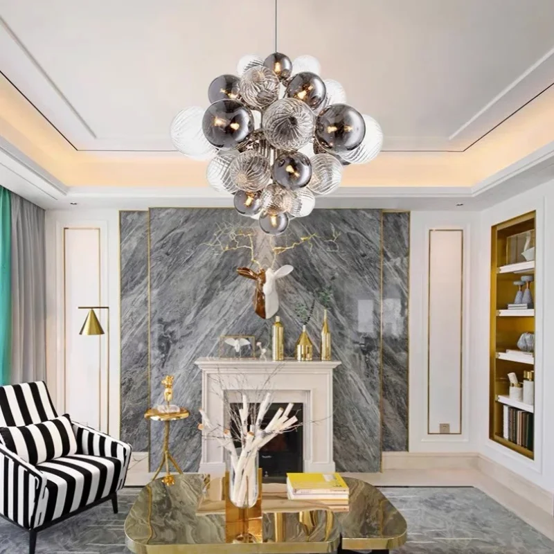 2026 Luxury Smoke Gray Glass Bubble Ball Chandelier Living Room Nordic Bedroom Dining Hall Grape Pendant Lamp Home Lighting Fixt
