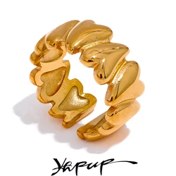 Yhpup Stainless Steel Golden Heart Love Open Ring for Women Metal Texture Trendy Romantic Jewelry Bijoux Femme Party Gift