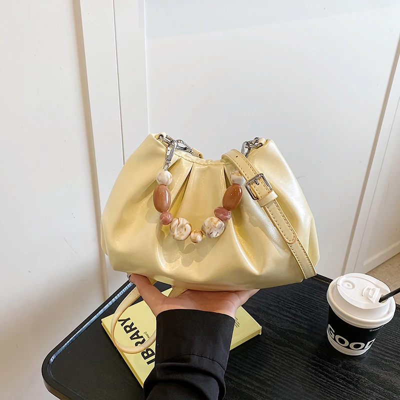 

PU Beading Ruched Crossbody Bags Hasp Vacation Sweet Women's Bags 2025 Fashion Solid Color Summer New Fashion Shoulder Bag