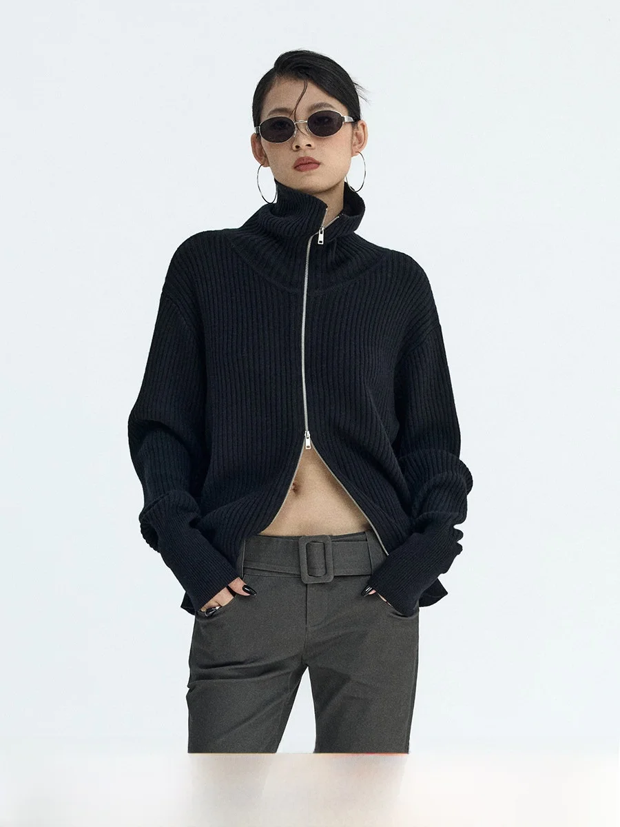 

Женский зимний кардиган Ourhour Slimming с высоким воротником, вязаный, с дизайнерским акцентом, на двойной молнии, серебристый, черный