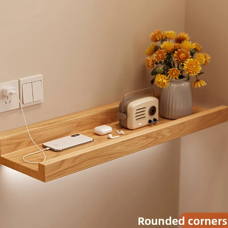 Wall Mounted Solid Wood Shelf Modern Bedroom Floating Nightstand Thickened Living Room Display Rack Large Platform Storage