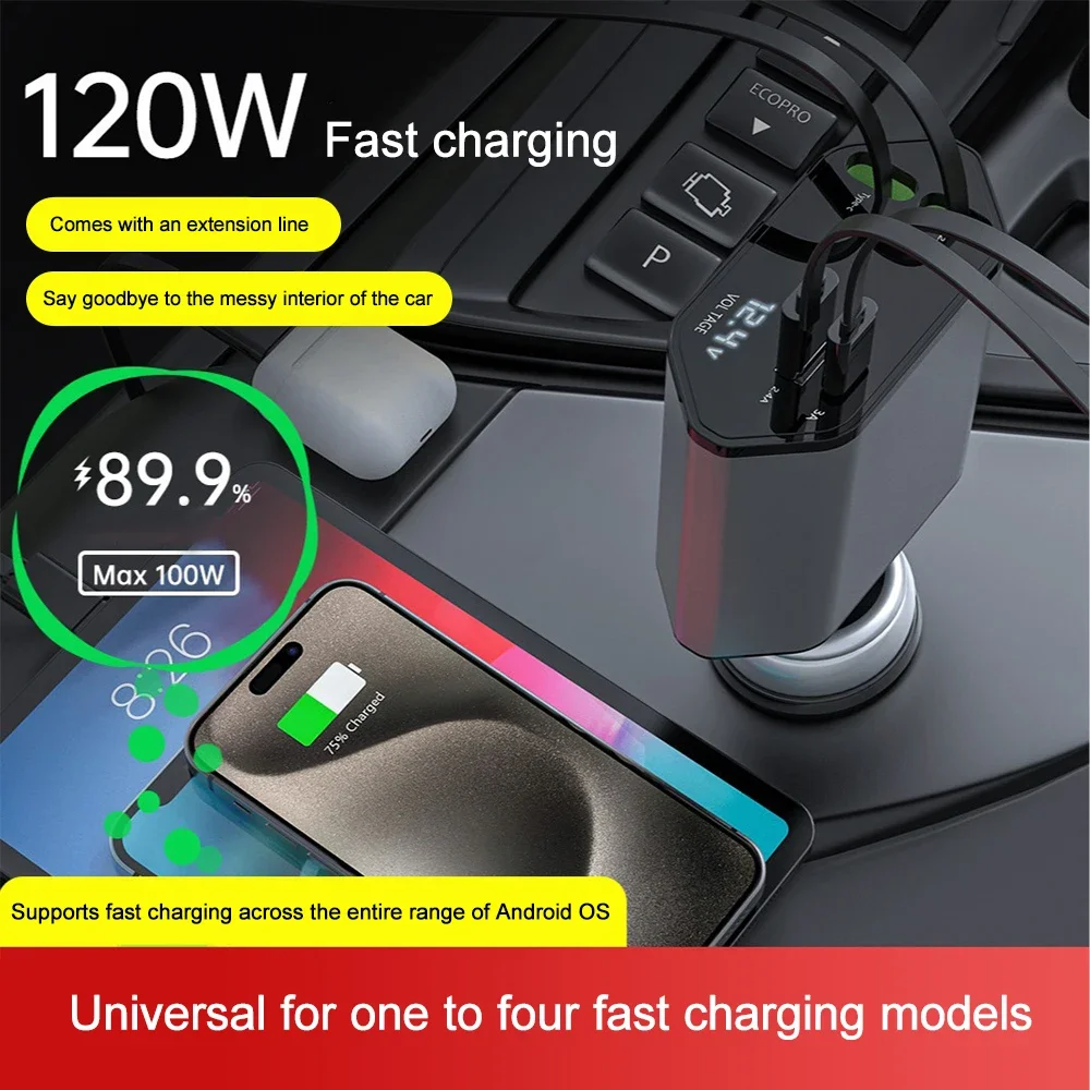 4 in 1 100W Retractable Phone Charger USB Type C Car Charger For iphone 15 14 Fast Charger with Retractable Charging Cables