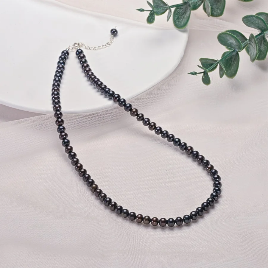 

5-6.5mm Near Round Black Color Freshwater Pearl Necklaces for Women 4.5cm Extend Chain 925 Sterling Silver Adjustable Necklaces