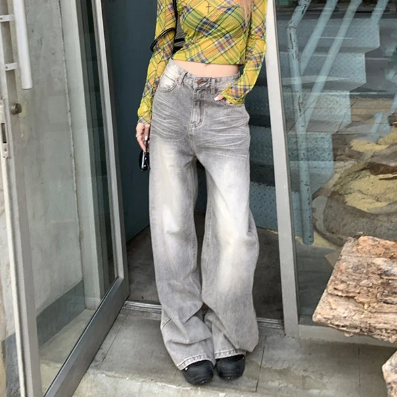

Denim Straight Wide Leg High Waist Streetwear Jeans Vintage Slight Blue Jeans Long Pants Y2k Work Summer Blue Jeans Capris
