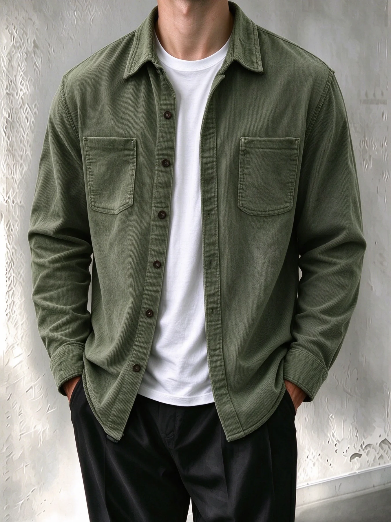 Men Corduroy Long Sleeve Shirt Jacket Button‑Down Collar With Double Chest Pockets Solid Color Casual Loose Shacket Outerwear
