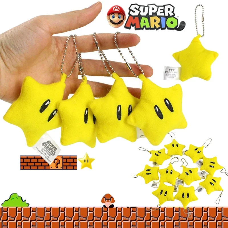 Super Mario Bros Cute Keychains Star Stuffed Toys Figure Dolls Cartoon Car Keyring Pendent for Man Women Bag Charm Accessories